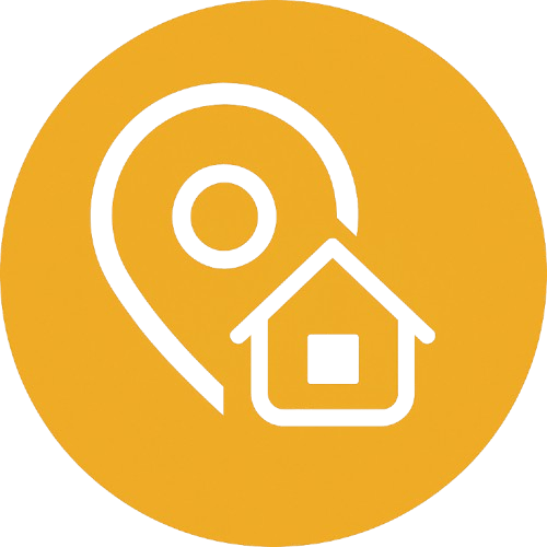 Gold house and map location pin icon for estate agency office address
