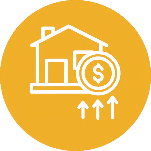 Gold house investment icon showing property value and market growth